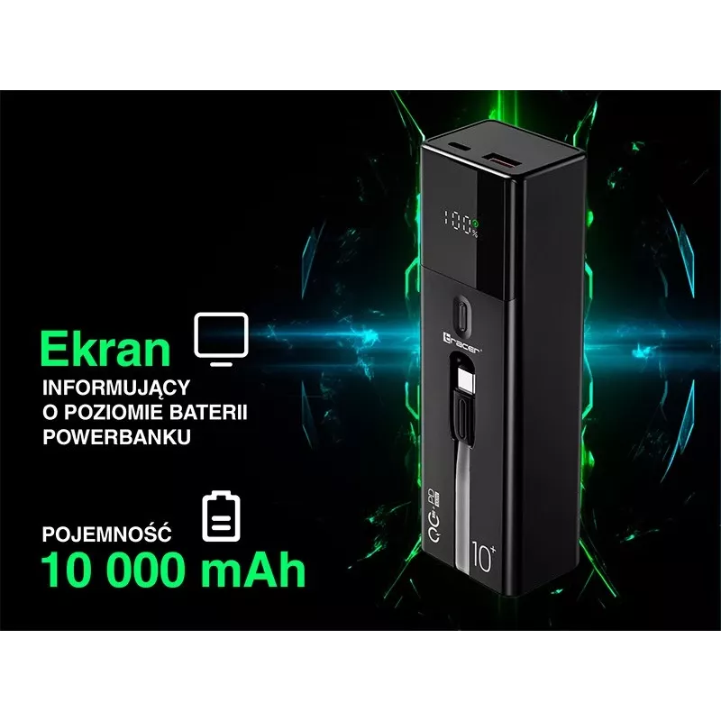 Nešiojama išorinė baterija TRACER Quant 10000 mAh Li-Ion, PD ir QC3.0, 3 prievadai (2×USB-C, 1×USB-A), 100W, juoda