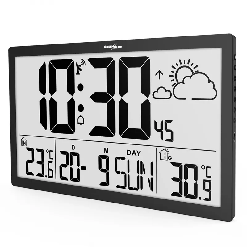 Sieninis laikrodis GreenBlue GB218 — ypač didelis LCD, orų stotis, patalpų ir lauko temperatūros, datos rodymas