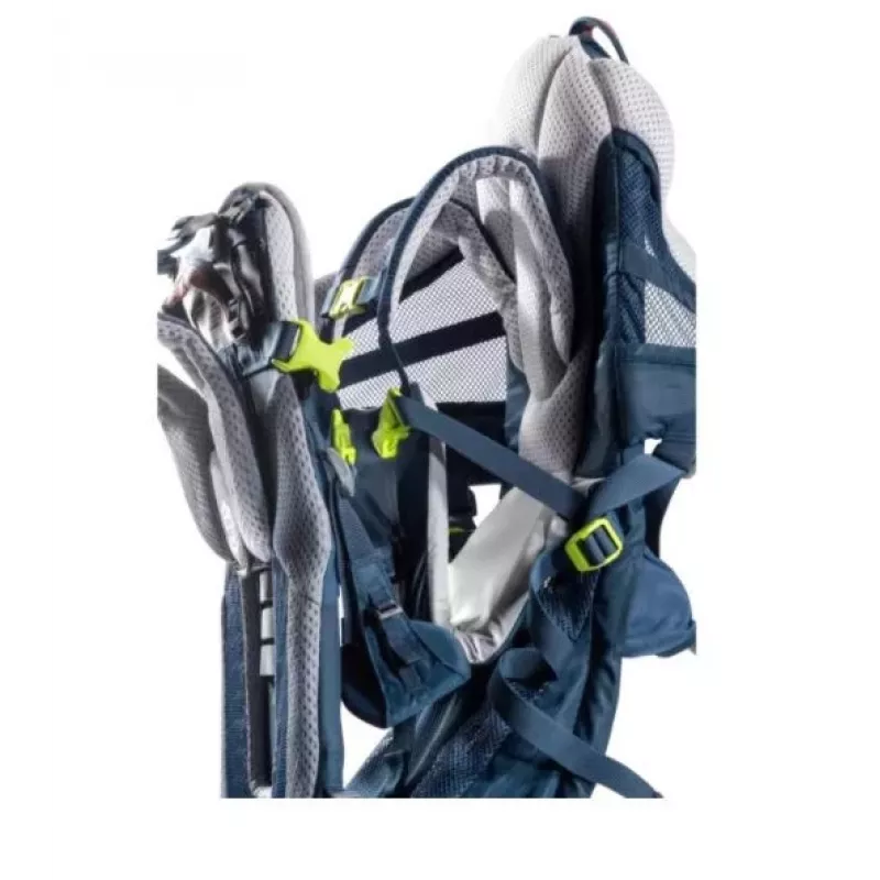 Vaikiška nešynė kuprinė DEUTER Kid Comfort Active — mėlyna, poliamidas, iki 22 kg, skėtis nuo saulės, kojų atrama, VariQuick, Lite Air