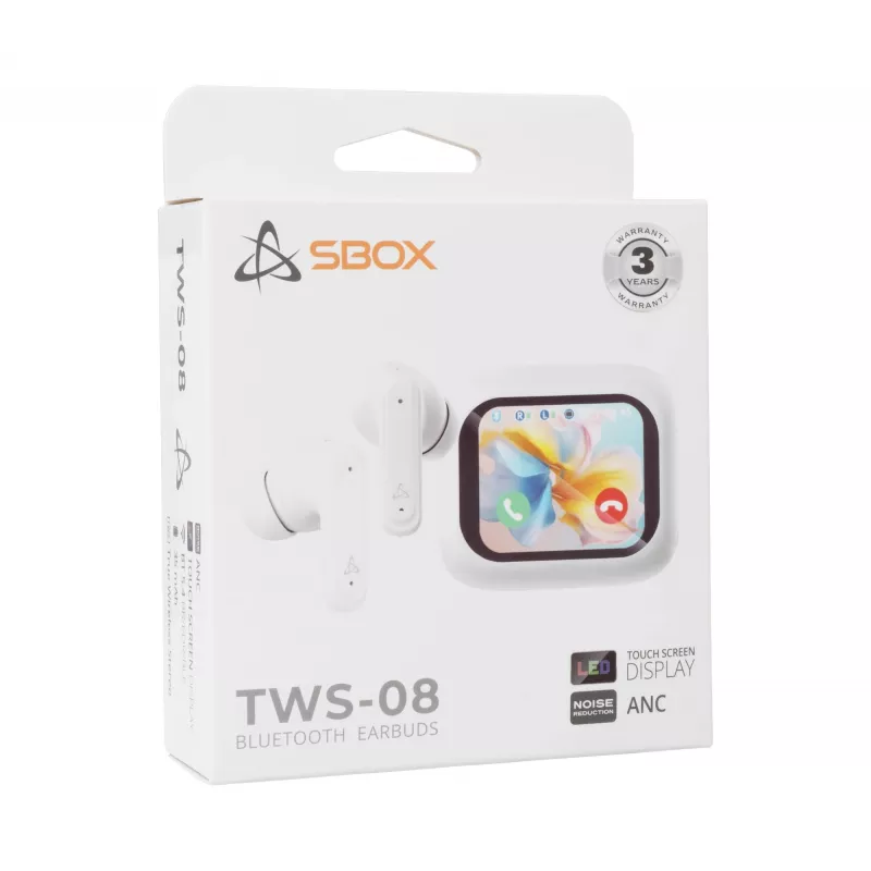 Ausinės SBOX EB-TWS08-W su lietimui jautriu ekranu, baltos