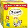 Kačių skanėstai Dreamies sūrio, vištienos, lašišos asorti 12×60 g — mėsingi kieti užkandžiai, baltymų 31%, riebalų 21%
