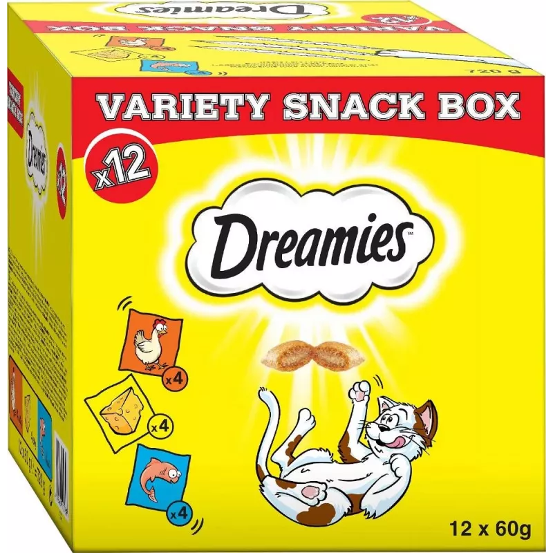 Kačių skanėstai Dreamies sūrio, vištienos, lašišos asorti 12×60 g — mėsingi kieti užkandžiai, baltymų 31%, riebalų 21%