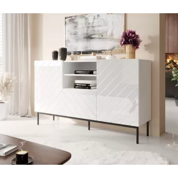 ABETO komoda ant juodas plieninis rėmas 150x42x90 baltas/blizgi balta