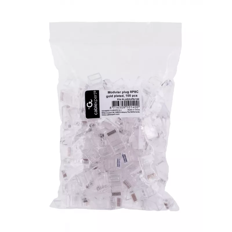 RJ45 kištukas GEMBIRD PLUG3UP6/100, Cat5, tiesus kištukas, permatomas, auksuoti kontaktai, pakuotėje 100 vnt.