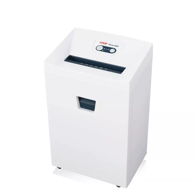 Smulkintuvas HSM Pure 420 – dalelių pjovimas P-4, 24 cm darbinis plotis, 15 lapų talpa, 35 l dėžė, balta