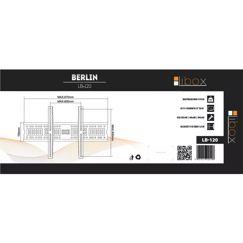 Sieninis televizoriaus laikiklis LIBOX LB-120 32–85 colių (81,3 cm–2,16 m), iki 55 kg, VESA 200x200–600x400, pakreipiamas, plienas, juodas