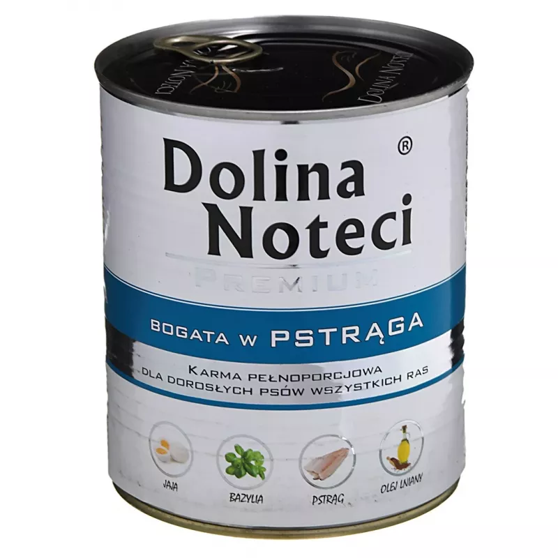 Šlapias šunų maistas Dolina Noteci Trout Adult 800 g — be grūdų, 12% baltymų, 6% riebalų