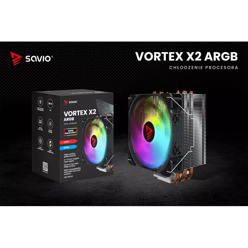 CPU oro aušintuvas SAVIO SAVGCOVORTEXX2ARGB su 4 šilumos vamzdeliais, 120 mm ARGB ventiliatoriumi, juodas