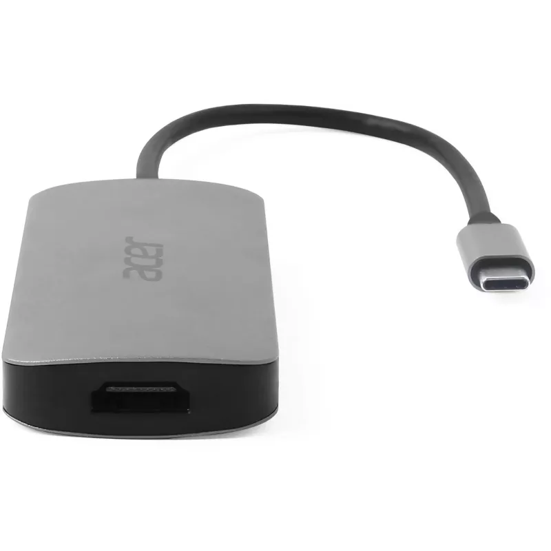 7‑in‑1 USB‑C Dongle Acer — USB 3.2 Gen 1 Type‑C, 3x USB‑A, HDMI, SD/MicroSD, 100 W PD, sidabrinis