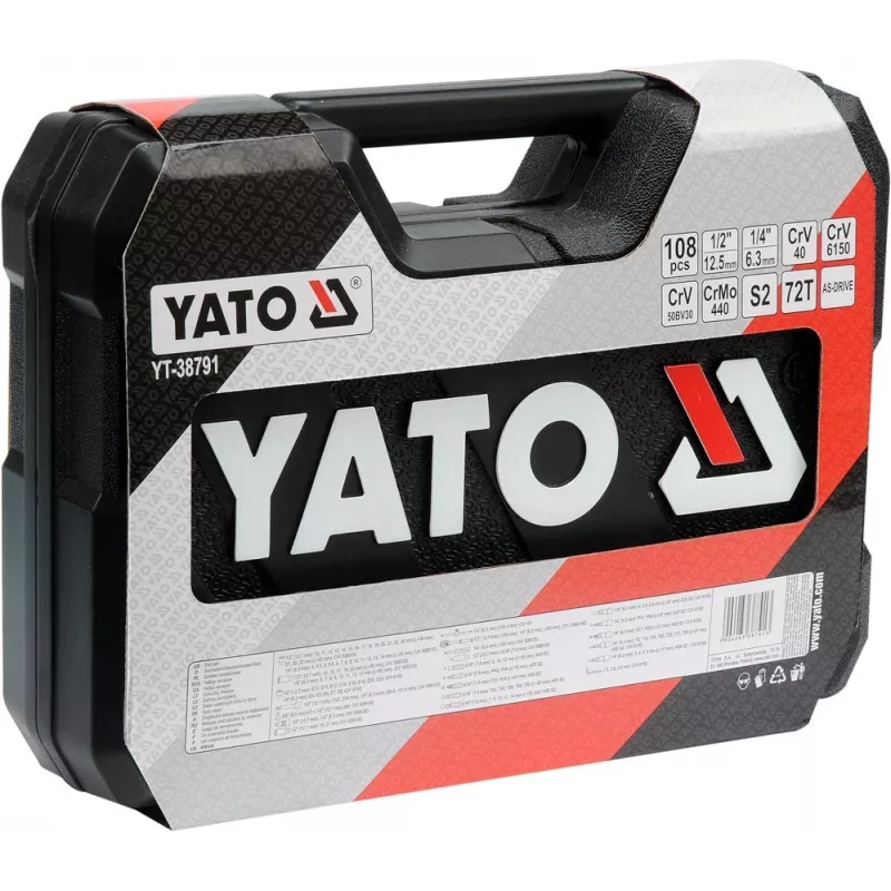 Kištukinių raktų rinkinys YATO YT-38791 — 108 vnt., 1/2 colio pavara, komplekte yra rankena, juodas dėklas
