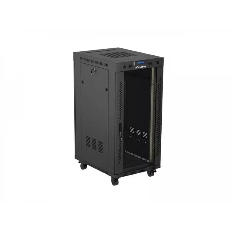 Stovintis 19 colių 24U montavimo spinta LANBERG 600x800 mm juoda su stiklinėmis durelėmis ir LCD išpjova (plokščia pakuotė) v2