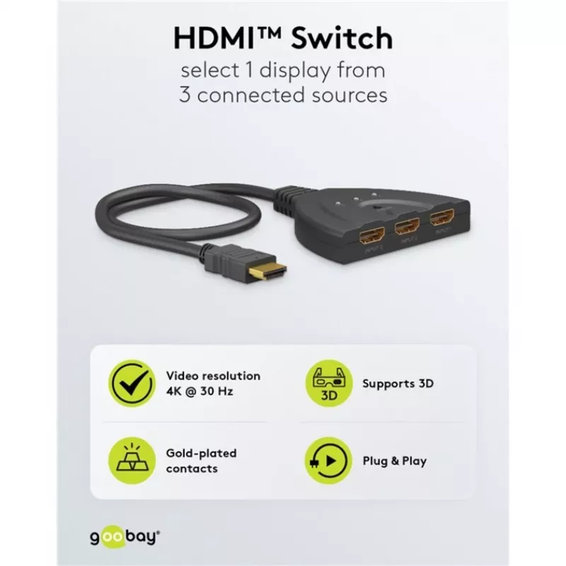 Goobay | HDMI jungiklis 3 į 1 (4K @ 30 Hz) | 58487 | Juoda | HDMI lizdas | 3 HDMI lizdai | 0,58 m
