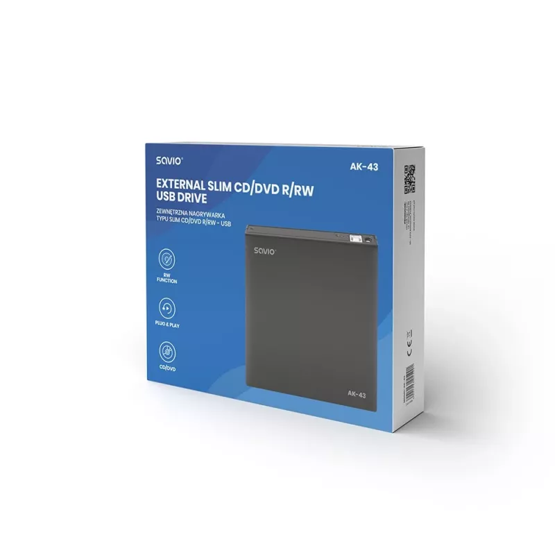 Išorinis plonas DVD±RW įrenginys SAVIO AK-43, USB 2.0, juodas, palaiko CD/DVD skaitymą ir rašymą (24x CD, 8x DVD)
