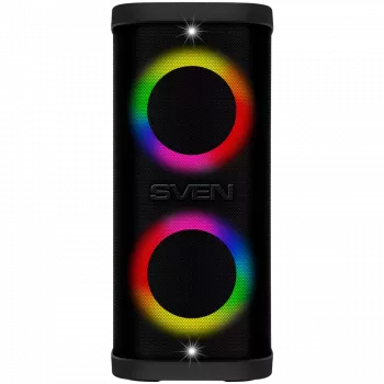 Nešiojamas garsiakalbis SVEN PS-950, juoda, išėjimo galia 2x80 W (RMS), TWS, Bluetooth, IPx4, FM, USB, microSD, LED ekranas, ličio baterija