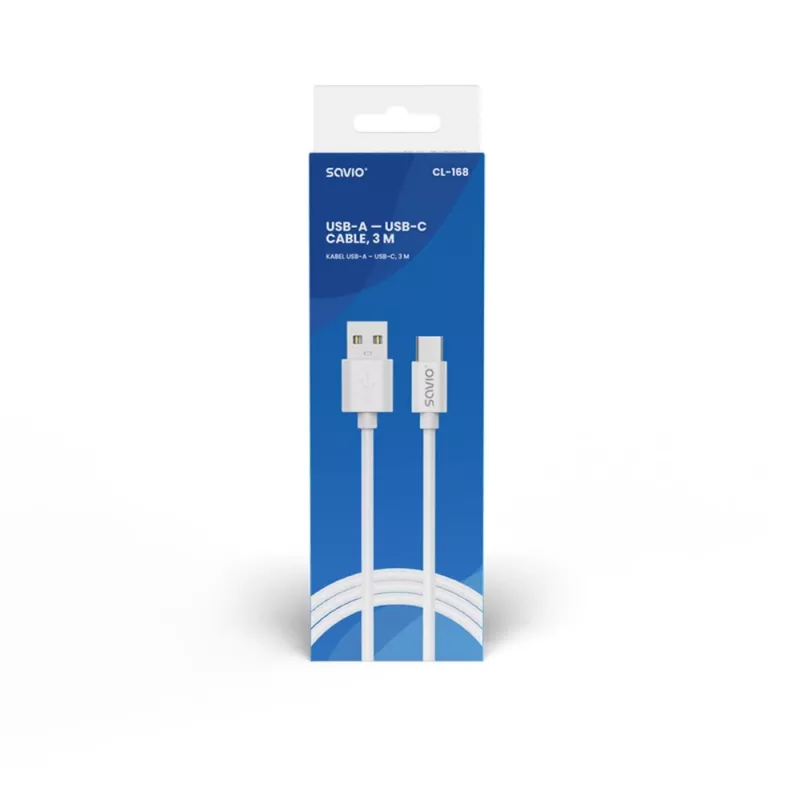 USB 2.0 laidas SAVIO CL-168, USB A (kištukas) į USB C (kištukas), 3 m, baltas