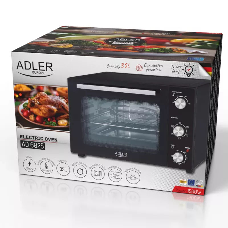 Elektrinė orkaitė Adler AD 6025 — 35 L talpa, 1500 W, juoda
