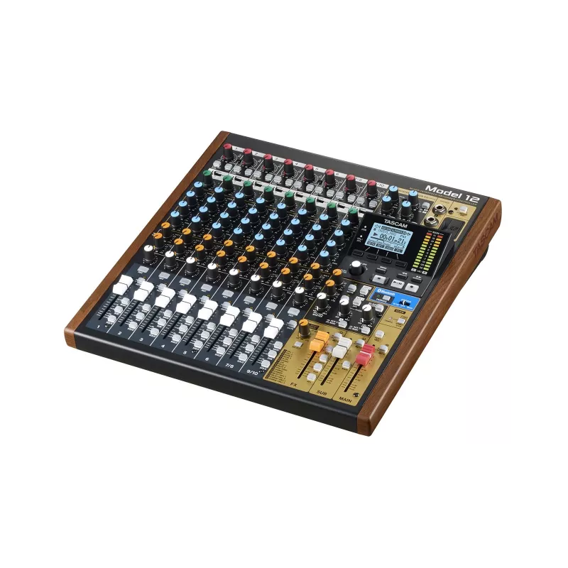 Mikseris Tascam Model 12 — 12 kanalų analoginis/skaitmeninis mikseris, 24 bitų, 48 kHz, USB-C, SD kortelė, Bluetooth 5.0