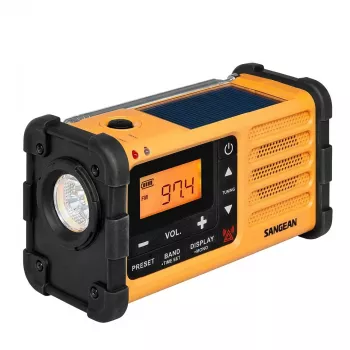 Nešiojamasis avarinis radijas Sangean MMR-88 (USB-C) geltonas — rankinis generatorius, saulės baterija, baterijos, AM/FM, įspėjimas apie orus