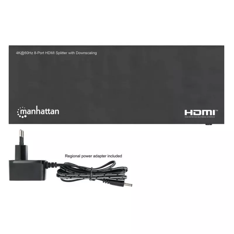 Manhattan 4K@60Hz 8 prievadų HDMI skirstytuvas su sumažinimo funkcija, padalijantis vieną HDMI įvestį į aštuonis HDMI išvestis (1x8), 18G, EDID jungiklis sumažinimui, juodas