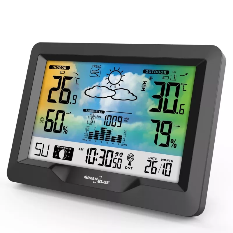 Hygrometer Thermometer GreenBlue GB540 — indoor 0–50°C / outdoor -20–65°C, DCF laikrodis, lauko jutiklis 60 m, juodas