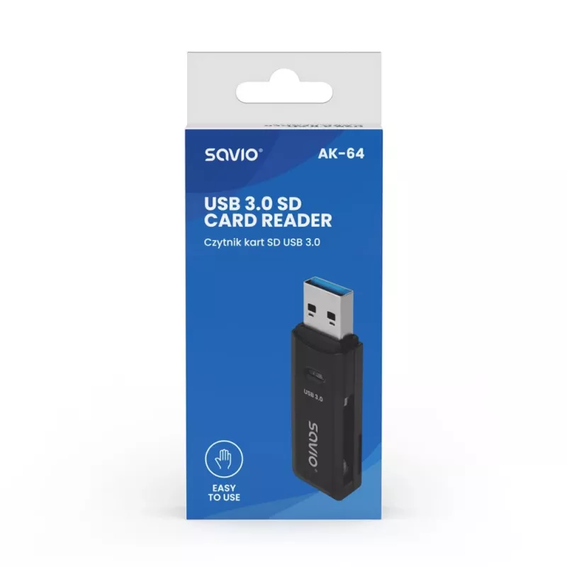 Kortelių skaitytuvas SAVIO AK-64 USB 3.2 Gen 1 Type-A išvestis, MicroSD lizdas, 5000 Mbit/s, juoda