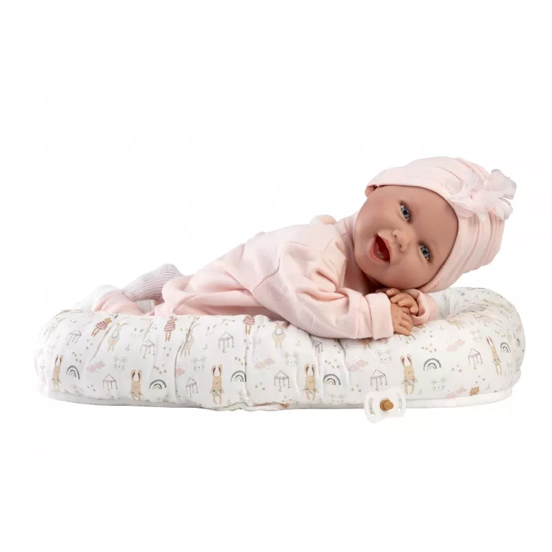 Baby doll Llorens Mimi Baby 42 cm — tikroviškas veidas, juokiasi, minkštas kūnas