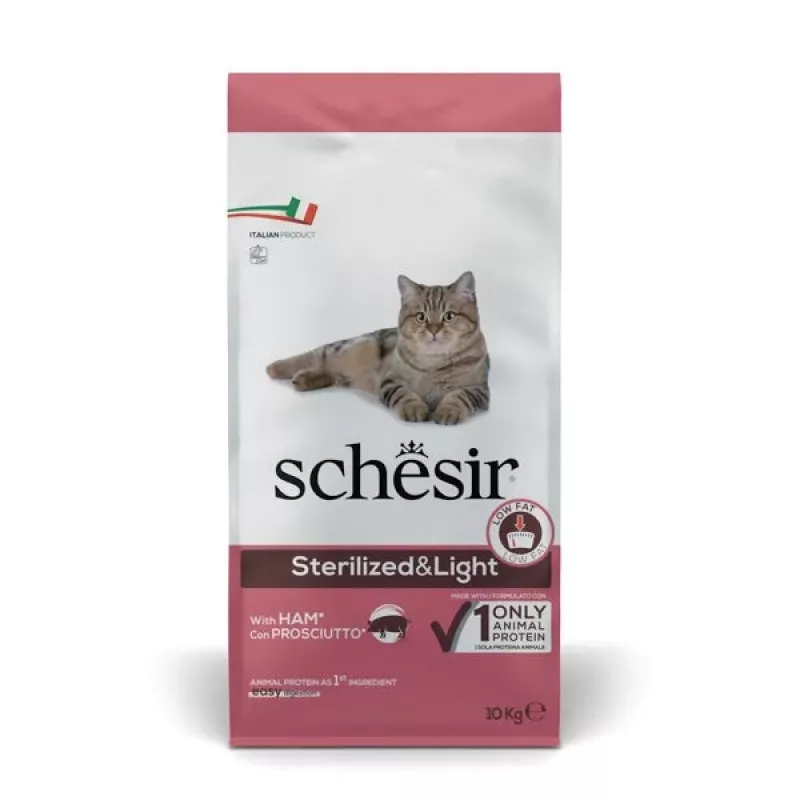 Sausas kačių ėdalas Agras Pet Foods Schesir Adult Sterilized & Light su kumpiu, 10 kg, 35% baltymų, 10,5% riebalų