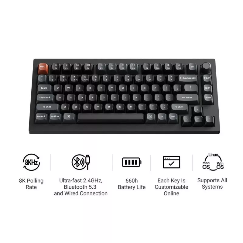 Mechaninė klaviatūra Keychron V1 Ultra 8K — 75% formato, QWERTY, Bluetooth, RGB, juoda