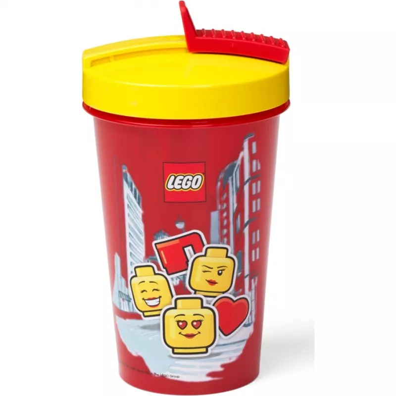 Puodelis su šiaudeliu Room Copenhagen LEGO Iconic Girl ryškiai raudonas 500 ml (raudona/geltona)