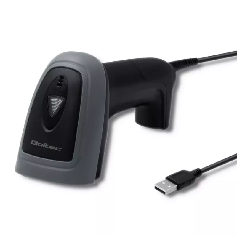 Rankinis brūkšninių kodų skaitytuvas QOLTEC 50863 — 1D/2D skaitytuvas, USB laidinis, LED jutiklis, juodas, 5 V, 1,8 m laidas
