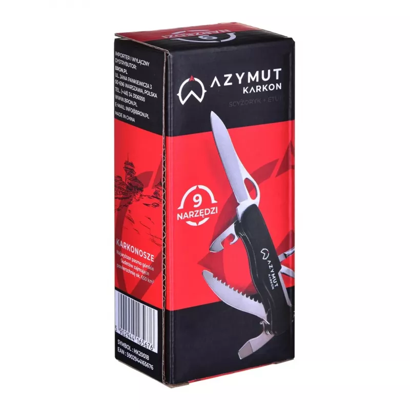 Kišeninis peilis AZYMUT HK20018 — pilno dydžio daugiafunkcis įrankis, 9 funkcijos, 420J2/3CR13 nerūdijantis plienas, sulankstytas 11 cm, 146 g, odinis dėklas, raktų pakabukas