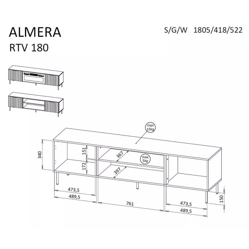 TV spintelė Cama Meble ALMERA 180,5×42×52,5 cm riešutmedžio/kašmyro su juodu židiniu