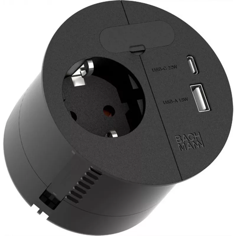 Maitinimo lizdas Bachmann 938.201 su 1×CEE7/3 lizdu, 1×USB-A/C 22W, 2,0 m kabeliu