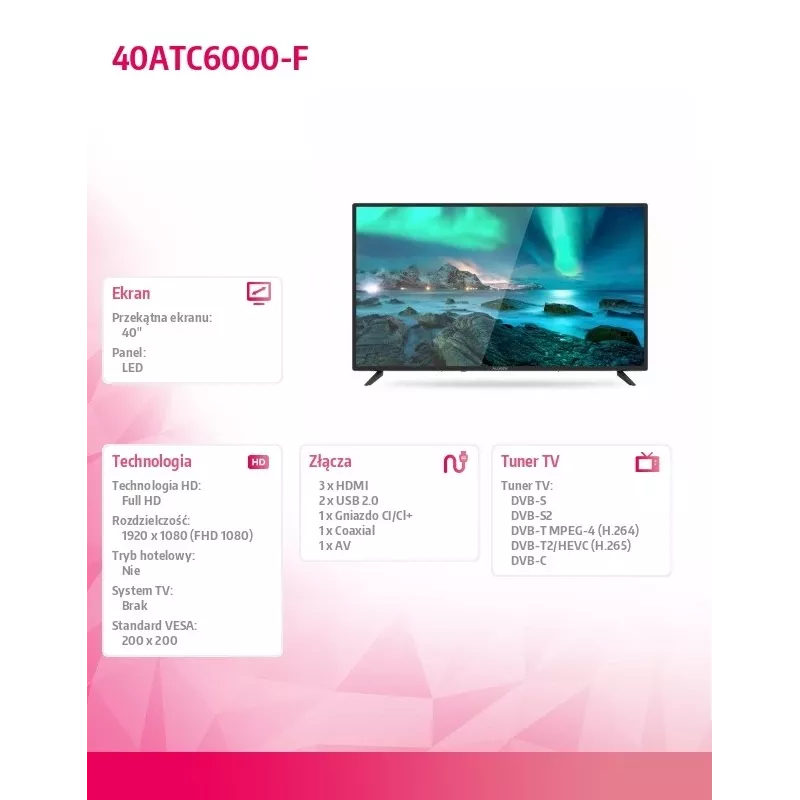 Allview 40ATC6000-F 40 (101 cm) Full HD televizorius Allview 40ATC6000-F 40 (101 cm) N/A FHD 1920 x 1080 DVB-C, DVB-T/T2, DVB-S/S2 juoda