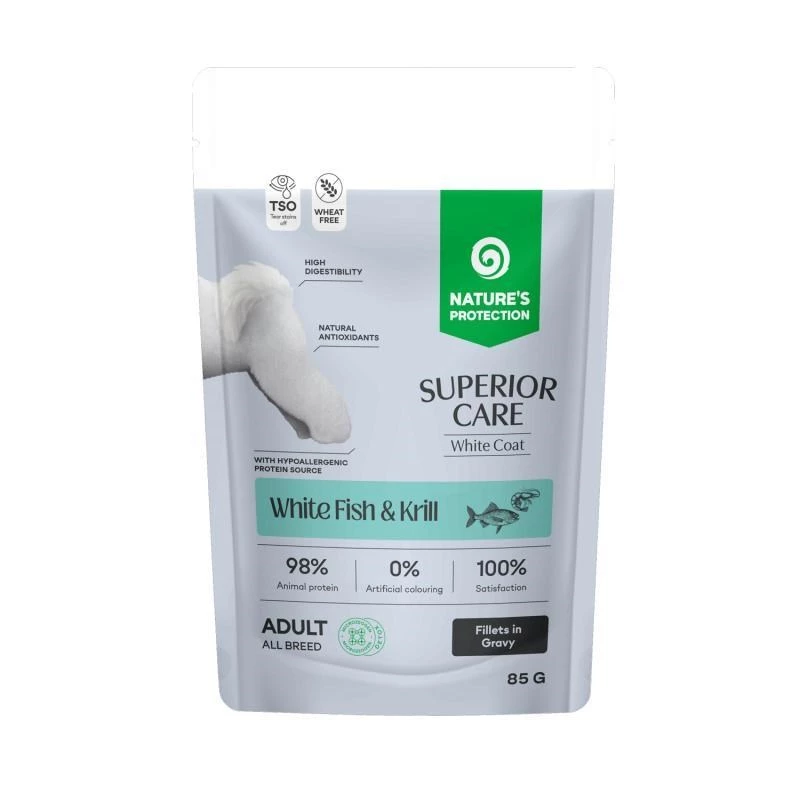 Sausas šunų maistas „nature’s protection SUPERIOR CARE White“ be grūdų su balta žuvimi ir kriliu, suaugusiems šunims, 85 g