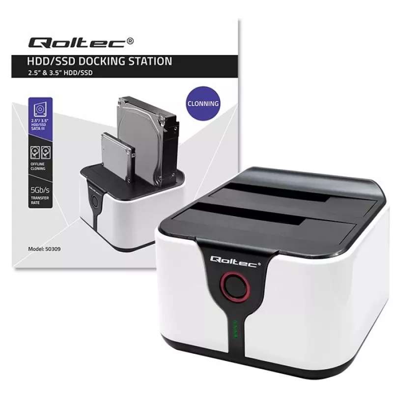 Qoltec 50309 HDD SSD 2.5 3.5 dokų stotis | SATA III | USB 3.0 | Super sparta 5 Gb/s | su klonavimo funkcija