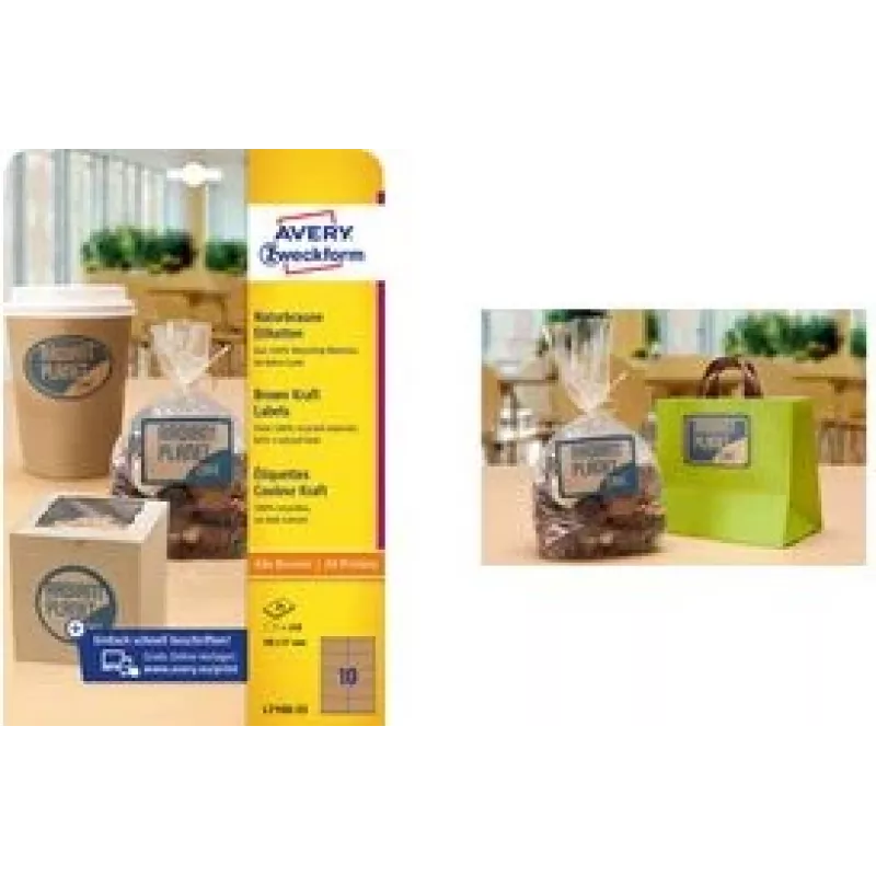 AVERY etiketės L7108-25 — stačiakampės kraftpopieriaus 105×57 mm, 100% perdirbtos, 25 lapai