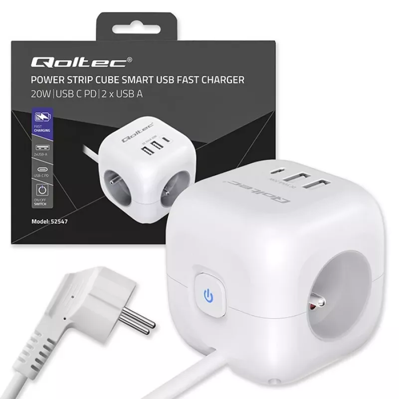 Maitinimo kubas QOLTEC 52547 – maitinimo šakotuvas su 3× AC lizdais, 2× USB-A, 1× USB-C PD 20W