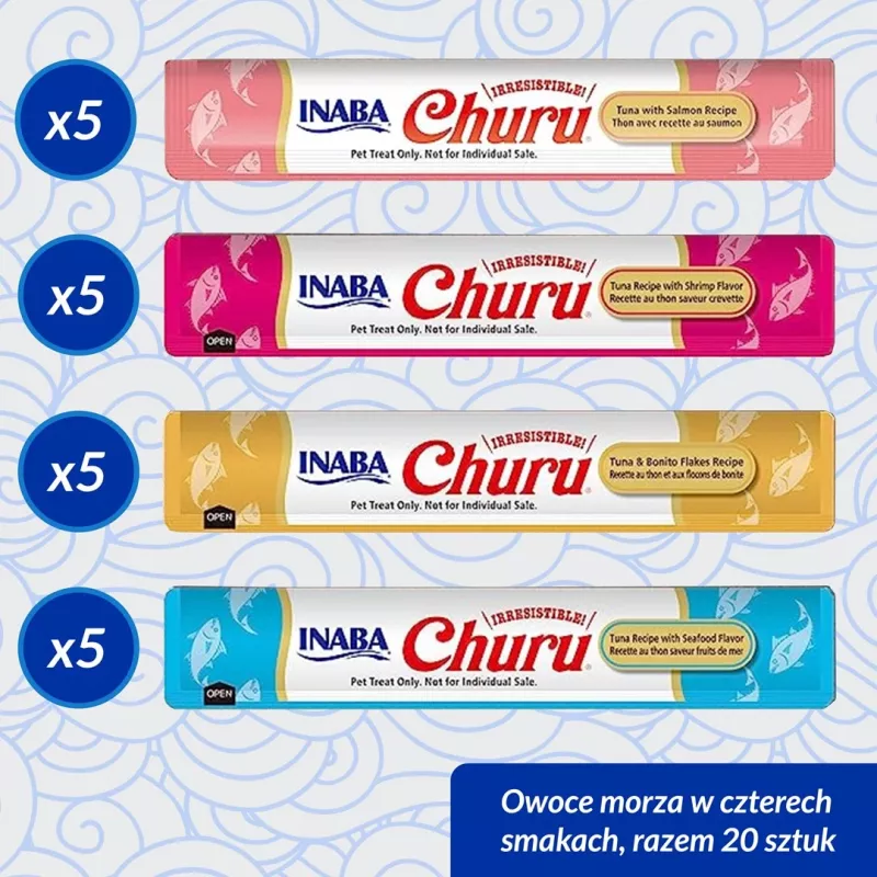Šlapi kačių skanėstai INABA Churu Variety Box Seafood — 20 x 14 g tūbelės, žuvies pasta, be grūdų, be cukraus ir be glitimo