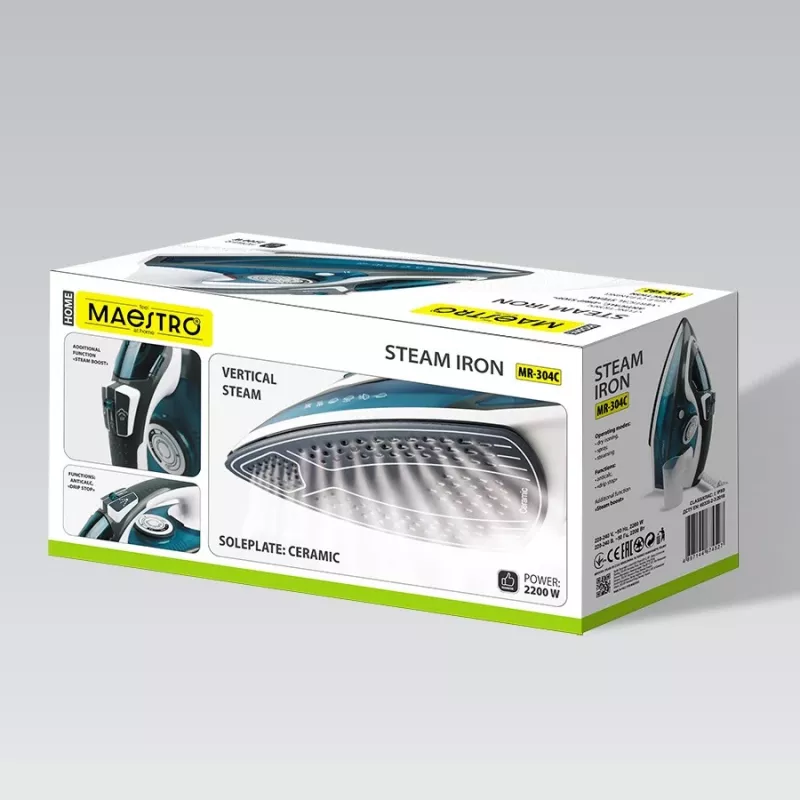 Garinis lygintuvas Maestro MR-304C, 2200 W, balta/mėlyna — garinis lygintuvas namams