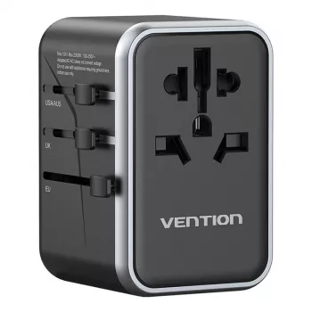 Vention kelioninis maitinimo adapteris FJFB0 65W — 2× USB-C PD/PPS, 2× USB-A (QC/BC), HDMI išvestis, aliuminis/juodas