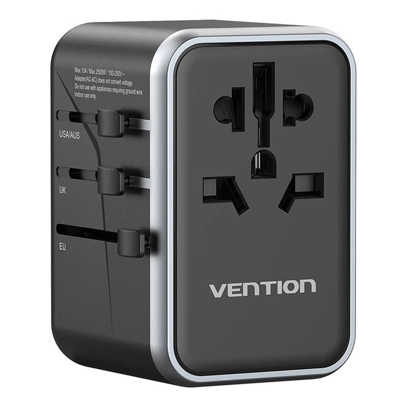 Vention kelioninis maitinimo adapteris FJFB0 65W — 2× USB-C PD/PPS, 2× USB-A (QC/BC), HDMI išvestis, aliuminis/juodas