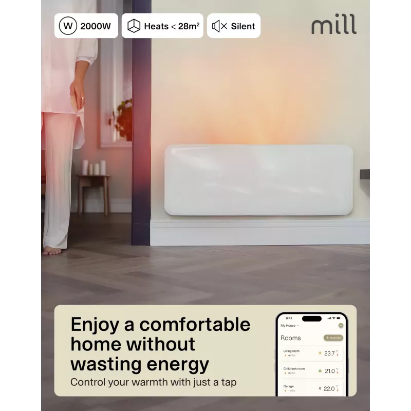Mill Invisible Smart WiFi šildytuvas | PA2000WIFI4 | Skydinis šildytuvas | 2000 W | Tinka patalpoms iki 24–28 m² | Balta | IPX4