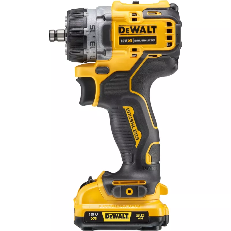 Pistoleto formos grąžtas DeWalt DCD703L2T-QW — 12V, 3,0Ah x2, 1500 aps./min., 10 mm begalinis griebtuvas, 25,5 N·m, 0,9 kg