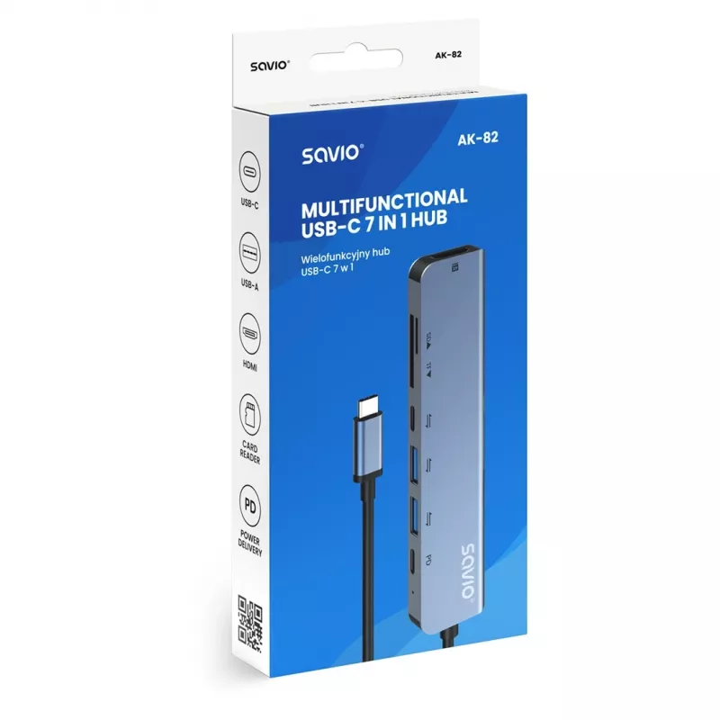 USB Type-C šakotuvas SAVIO AK-82 su HDMI, MicroSD, USB 3.2 Gen1, PD pralaidumu, 4K@30Hz, 5000 Mbit/s, juodas