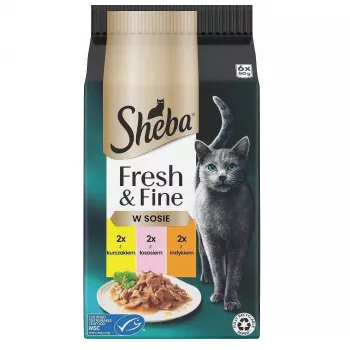 Šlapias kačių maistas Sheba Mini Fish Dishes in Sauce Fresh & Fine 6 x 50 g – šlapias maistas, 6 x 50 g paketėliai, 84 % drėgmės, 7,9 % baltymų