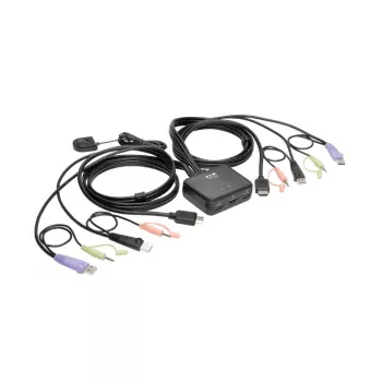 Eaton Tripp Lite serijos 2 prievadų USB/HD kabelių KVM jungiklis su garsu/vaizdu, kabeliais ir USB periferinių įrenginių bendrinimu - KVM-/garso-/USB jungiklis - 2 x KVM/garso/USB - 1 vietinis vartotojas - darbalaukis