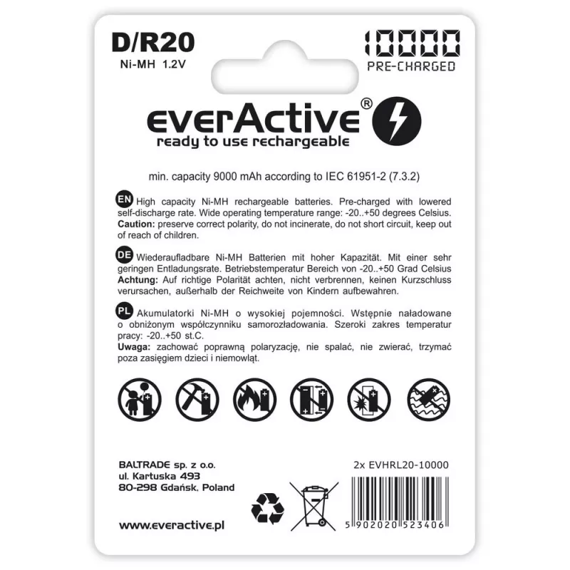 Įkraunama baterija everActive EVHRL20-10000 D NiMH 1,2 V 2 vnt.