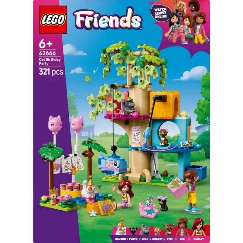 Konstruktorius LEGO Friends 42666 Katės gimtadienio medžių namelis, 321 vnt., 6+ m., 180×160×100 mm