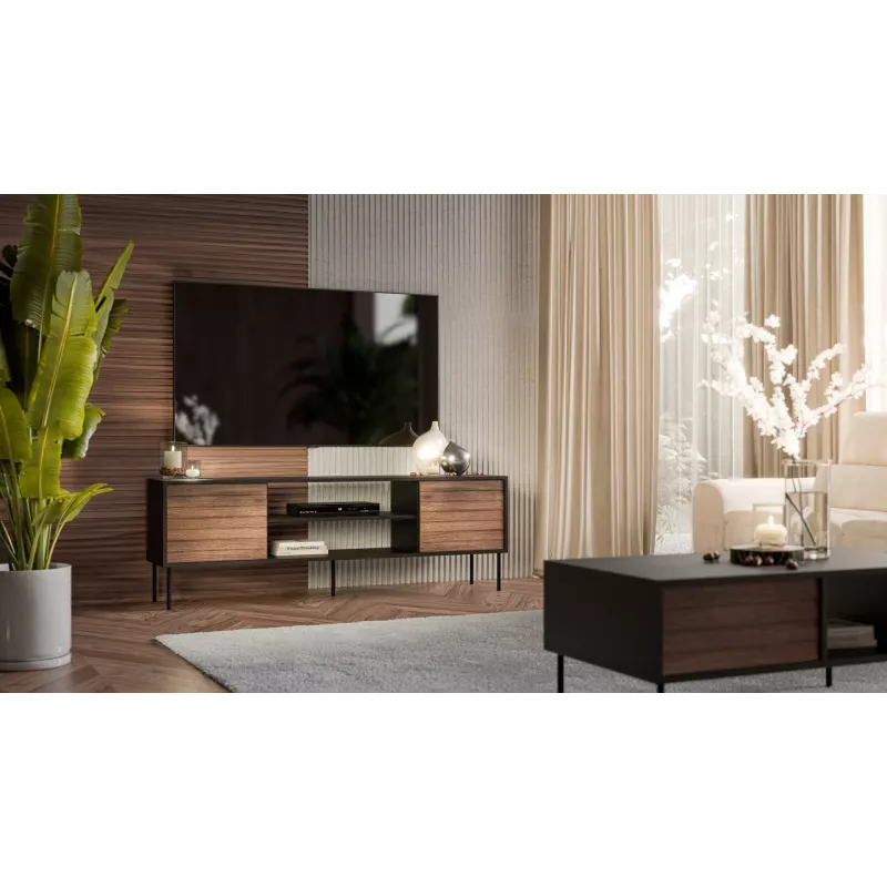 TV spintelė cama meble EF CORTINA 180×40×60 cm, viršus juodas, rėmas riešutmedžio